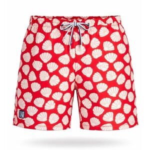 Tom & Teddy Red Shell Print Swim Trunks Size L Mesh Lined‎